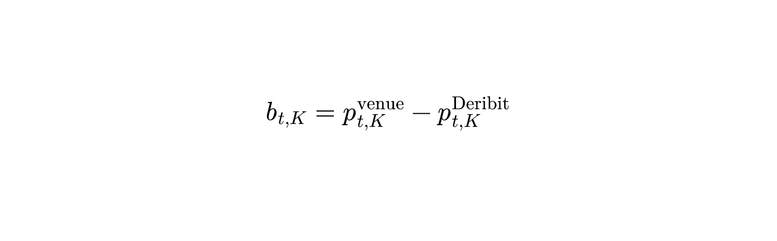 Per-strike venue-versus-Deribit basis formula.
