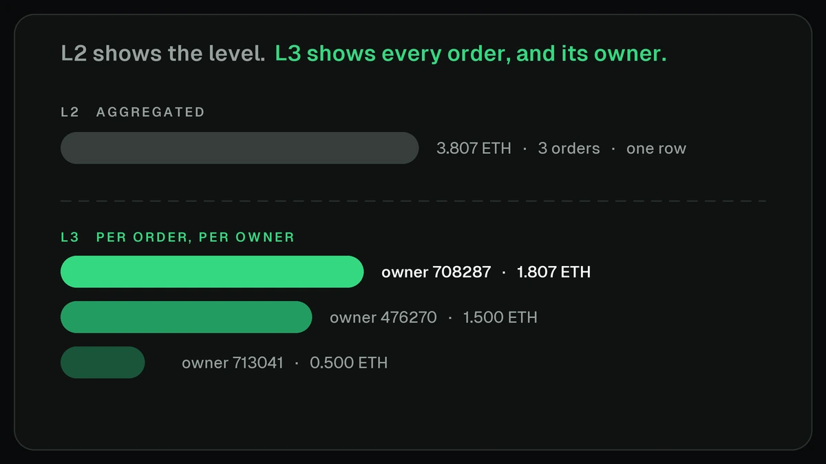 L2 shows aggregated size at a price; L3 shows every order and its owner