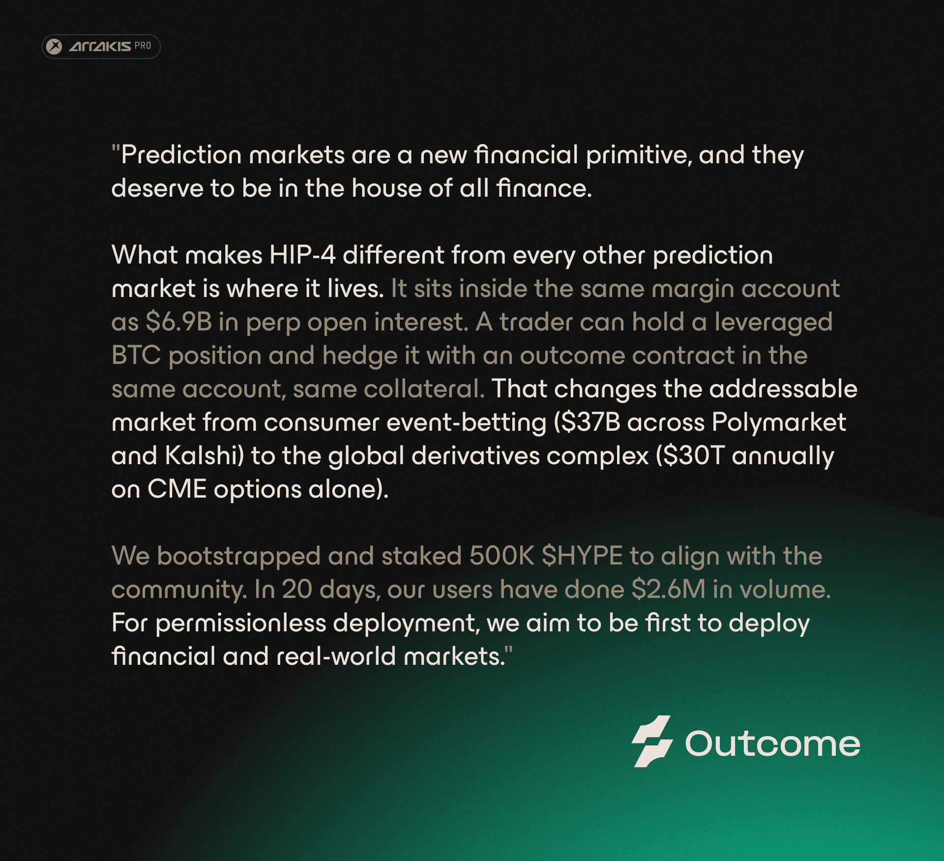 Outcome.xyz routed volume and wallet activity across HIP-4 outcomes.