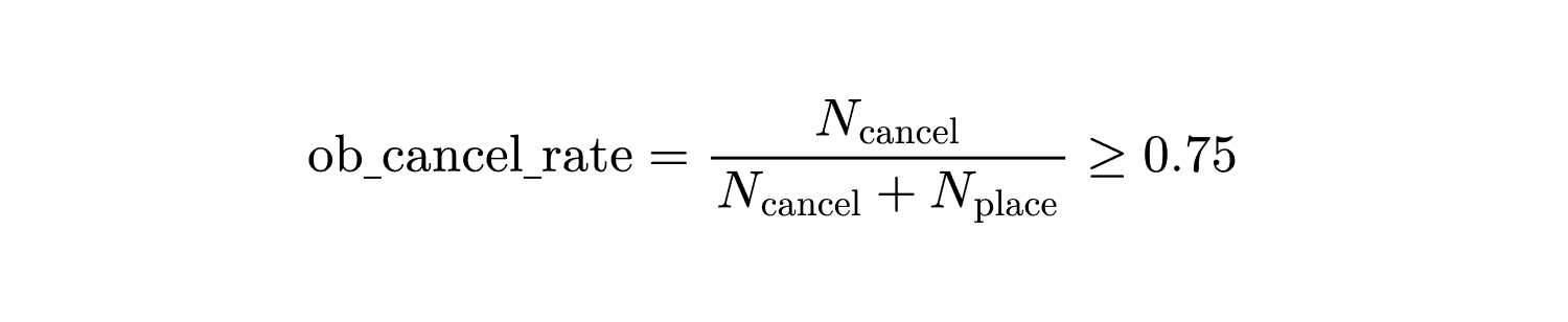 Cancellation-rate formula used for orderbook-behavior checks.