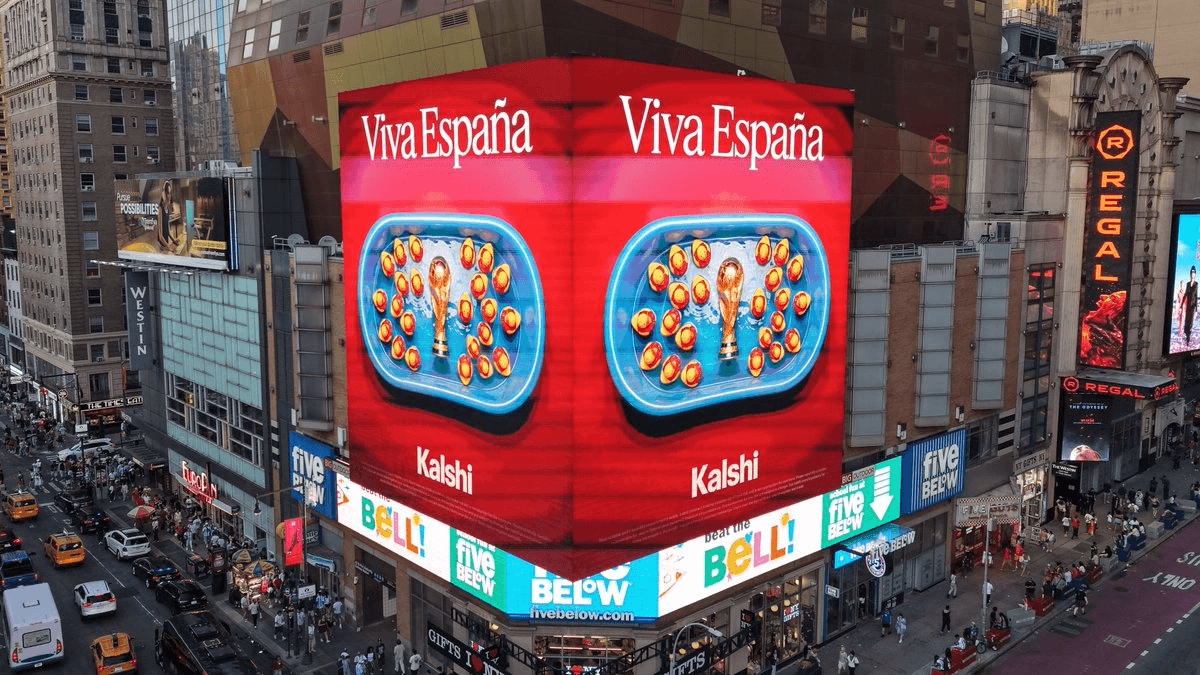 A Kalshi World Cup advertisement reading “Viva España” fills a large digital billboard in Times Square.