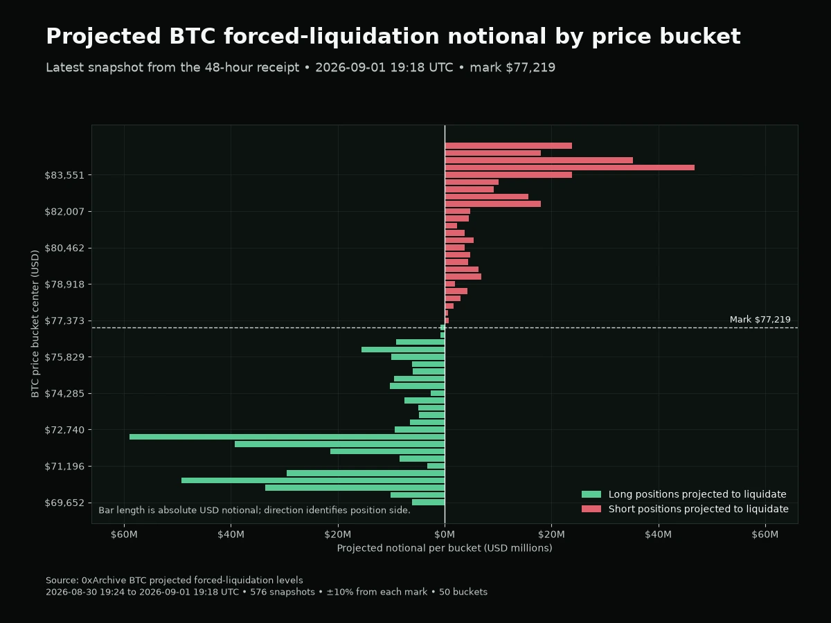 Horizontal price ladder of projected BTC forced-liquidation notional, with long positions below the mark and short positions above the mark