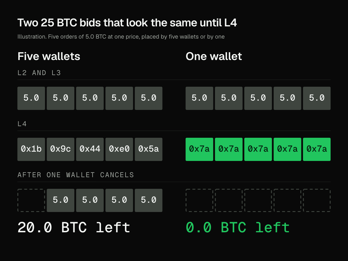 Illustration of two 25 BTC bids, each five 5 BTC orders. At L2 and L3 they look identical. At L4 one is five wallets and the other is one wallet. After one wallet cancels, 20 BTC is left in the first and none in the second.