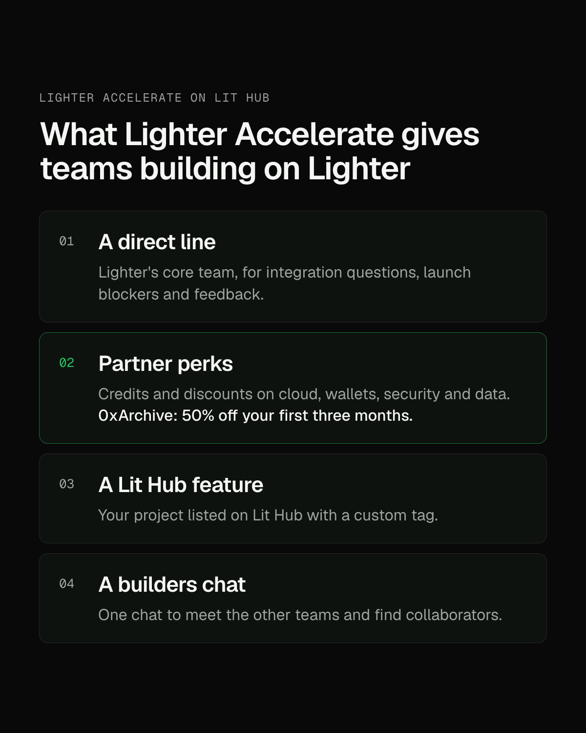 What Lighter Accelerate gives teams building on Lighter: a direct line to Lighter's core team, partner perks including 50% off 0xArchive for three months, a Lit Hub feature, and a builders chat.