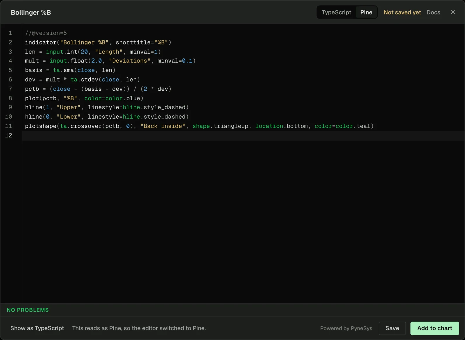 The 0xArchive Terminal script editor with a 12-line Pine Script v5 Bollinger %B indicator pasted in. The Pine toggle is on, the problems bar reads No problems, and the footer offers Show as TypeScript and Add to chart.