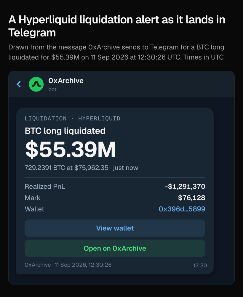 Drawing of a Telegram message from the 0xArchive bot reading Liquidation, Hyperliquid, BTC long liquidated, $55.39M, 729.2391 BTC at $75,962.35, realized PnL -$1,291,370, mark $76,128, with View wallet and Open on 0xArchive buttons.